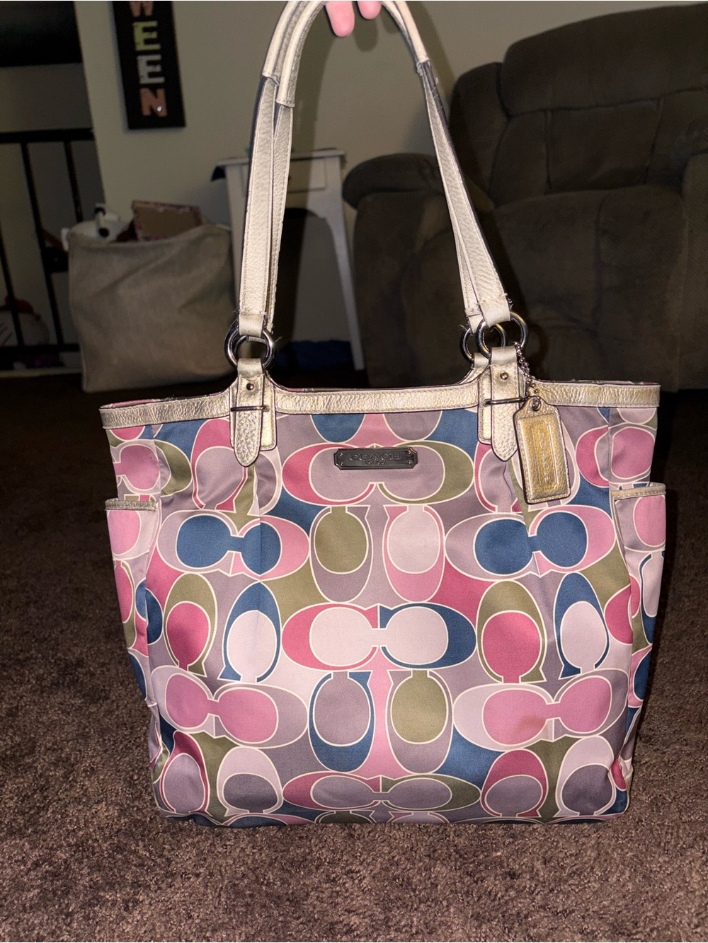 Coach Multi-Color Signature Tote Bag with Metallic Trim